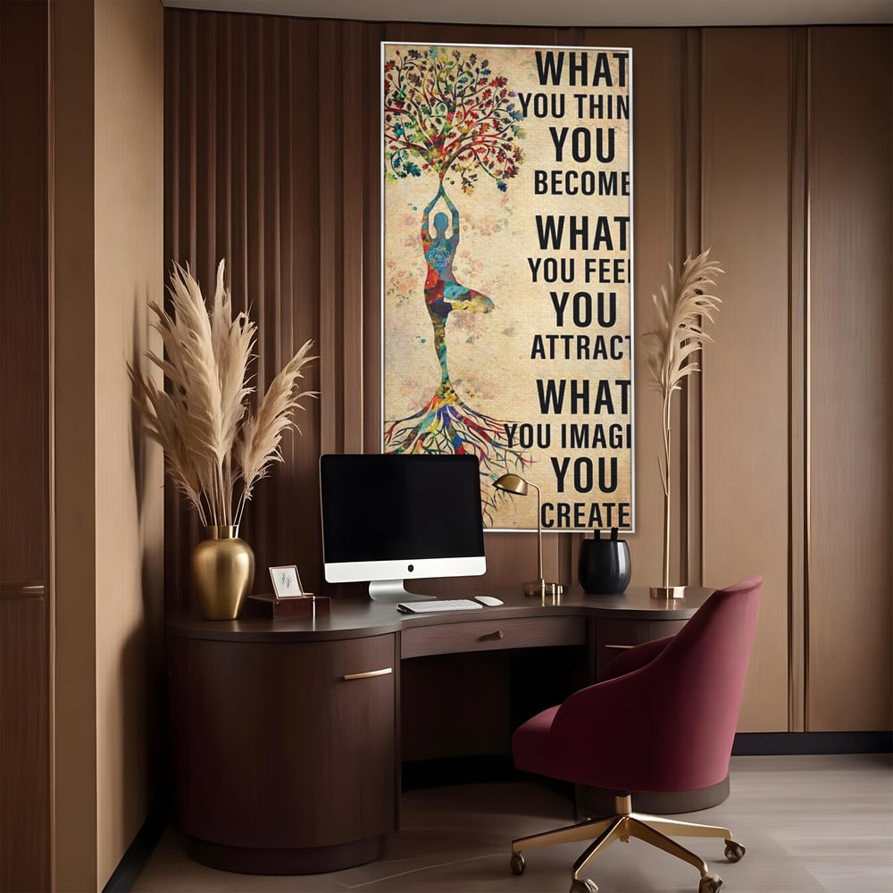 Tablou canvas cu tablou canvas motivational cu silueta si copac, in rama de aluminiu argintiu, pe perete intr-un birou