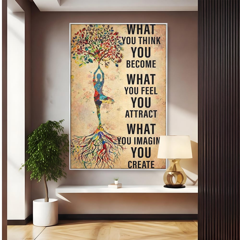 Tablou canvas cu tablou canvas motivational cu silueta si copac, in rama de aluminiu argintiu