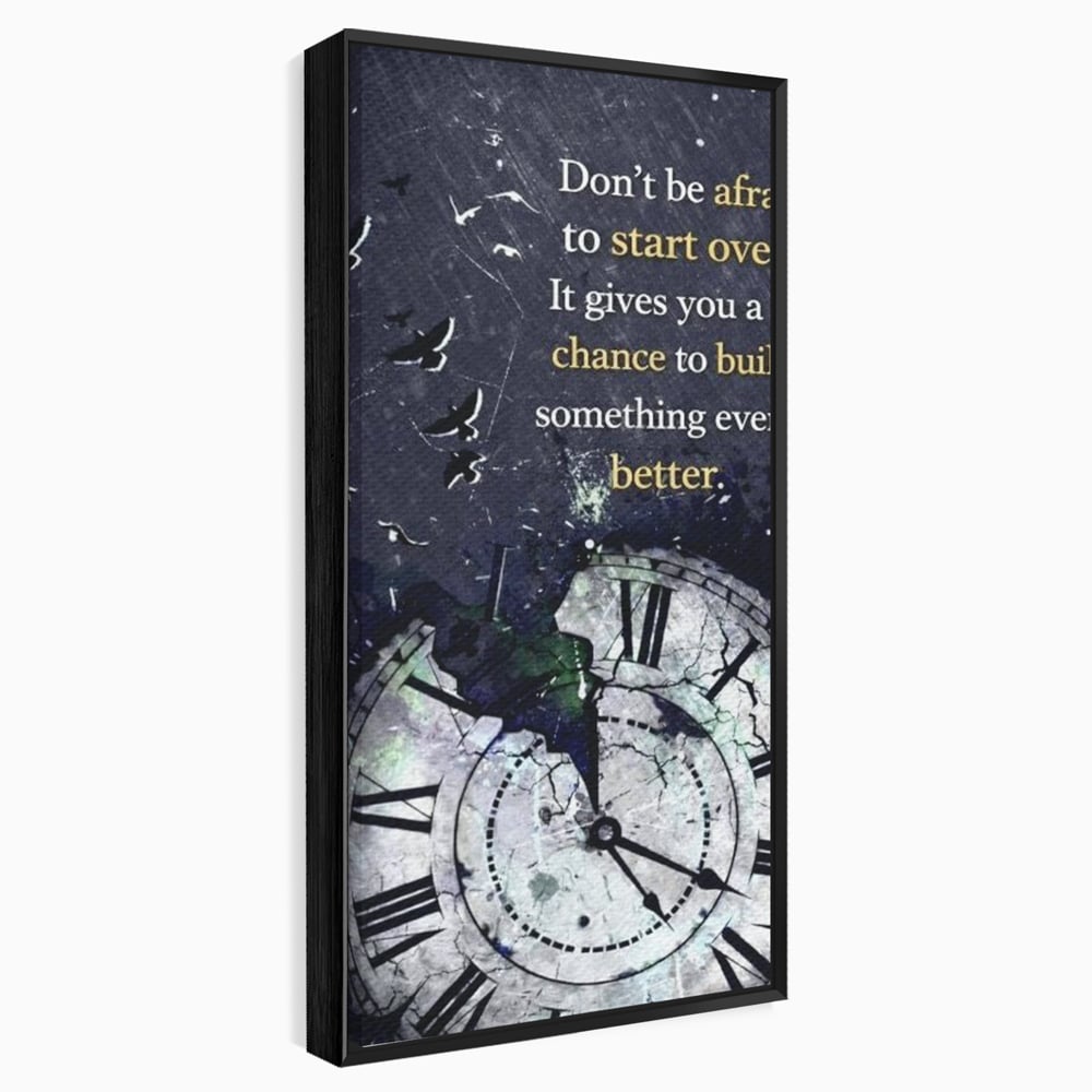 Tablou canvas cu tablou motivational cu ceas spart si pasarile zburatoare, in rama de aluminiu negru