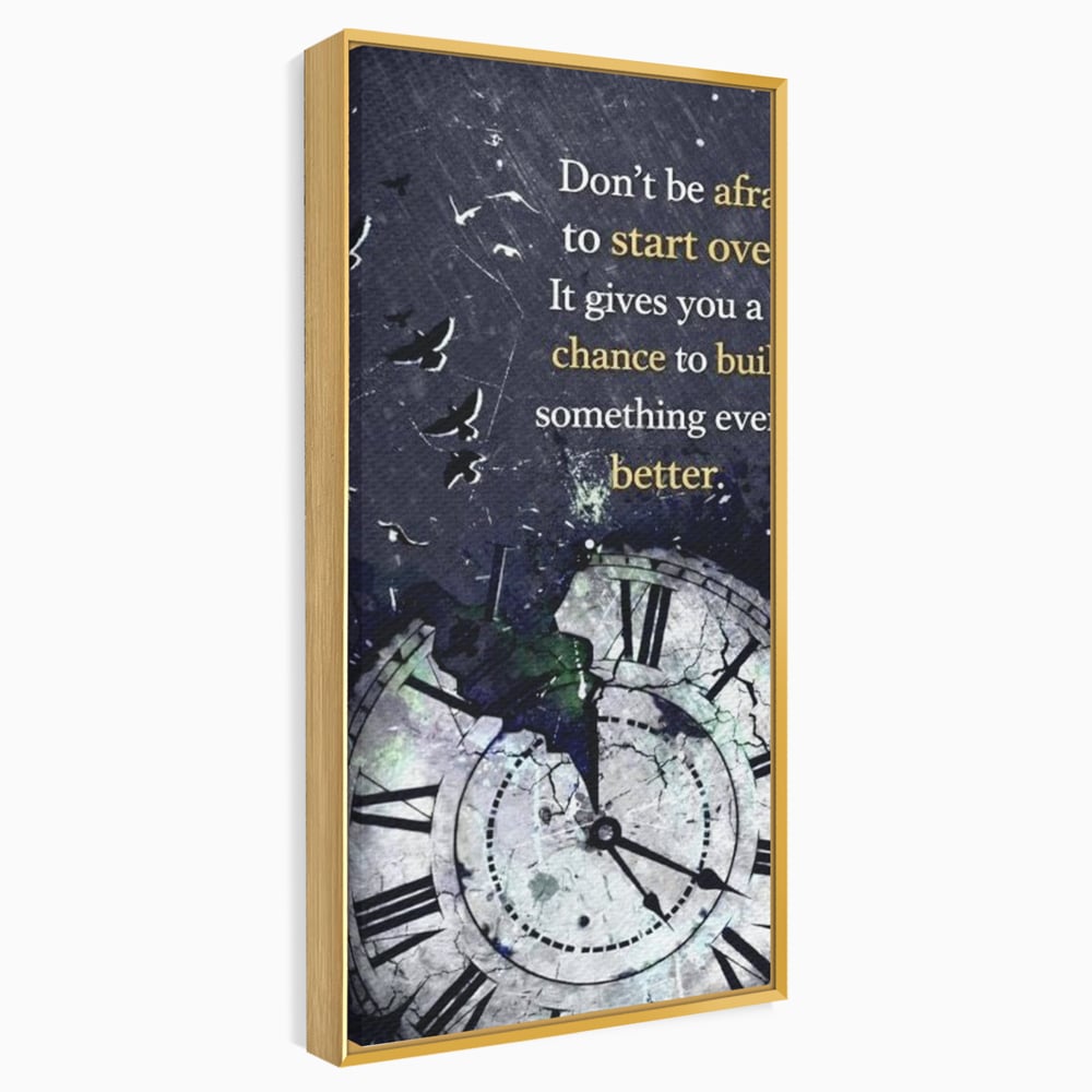 Tablou canvas cu tablou motivational cu ceas spart si pasarile zburatoare, in rama de aluminiu auriu