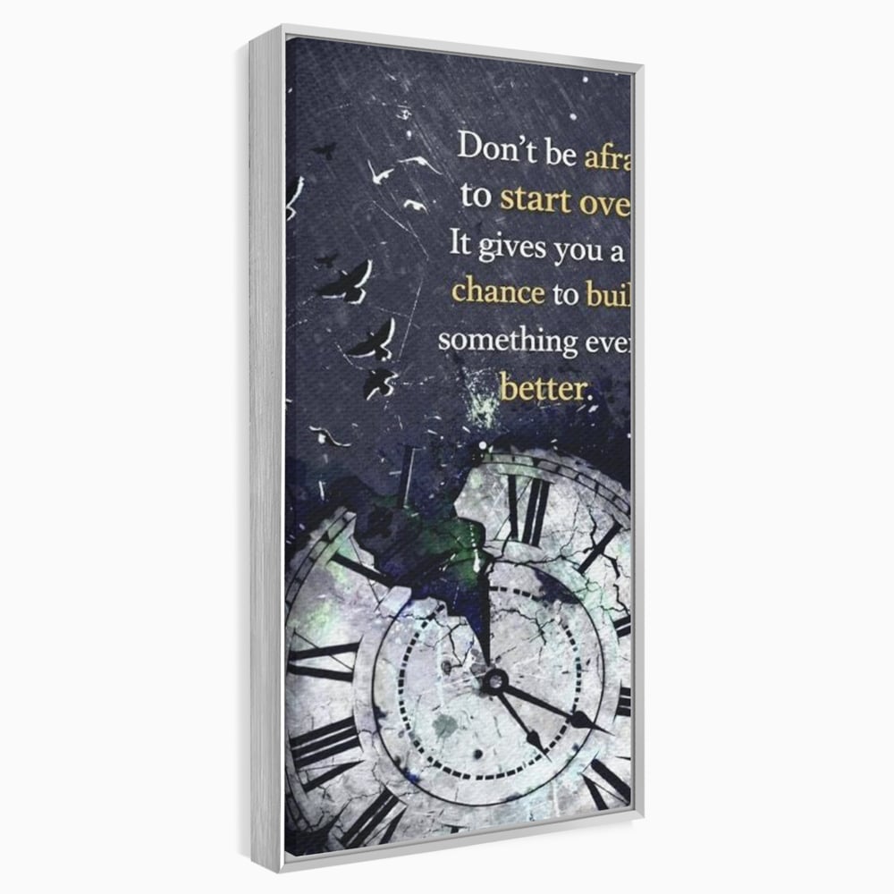 Tablou canvas cu tablou motivational cu ceas spart si pasarile zburatoare, in rama de aluminiu argintiu