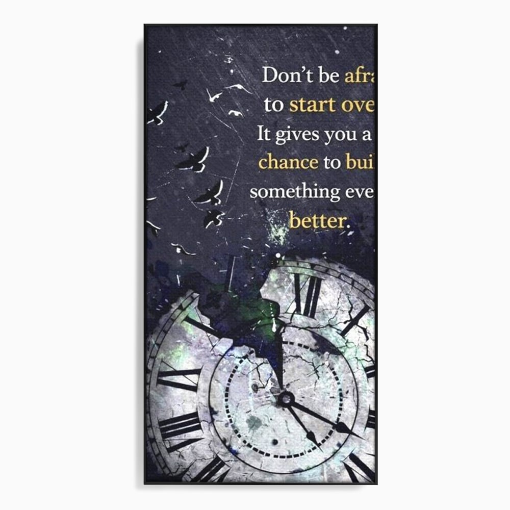 Tablou canvas cu tablou motivational cu ceas spart si pasarile zburatoare, in rama de aluminiu negru