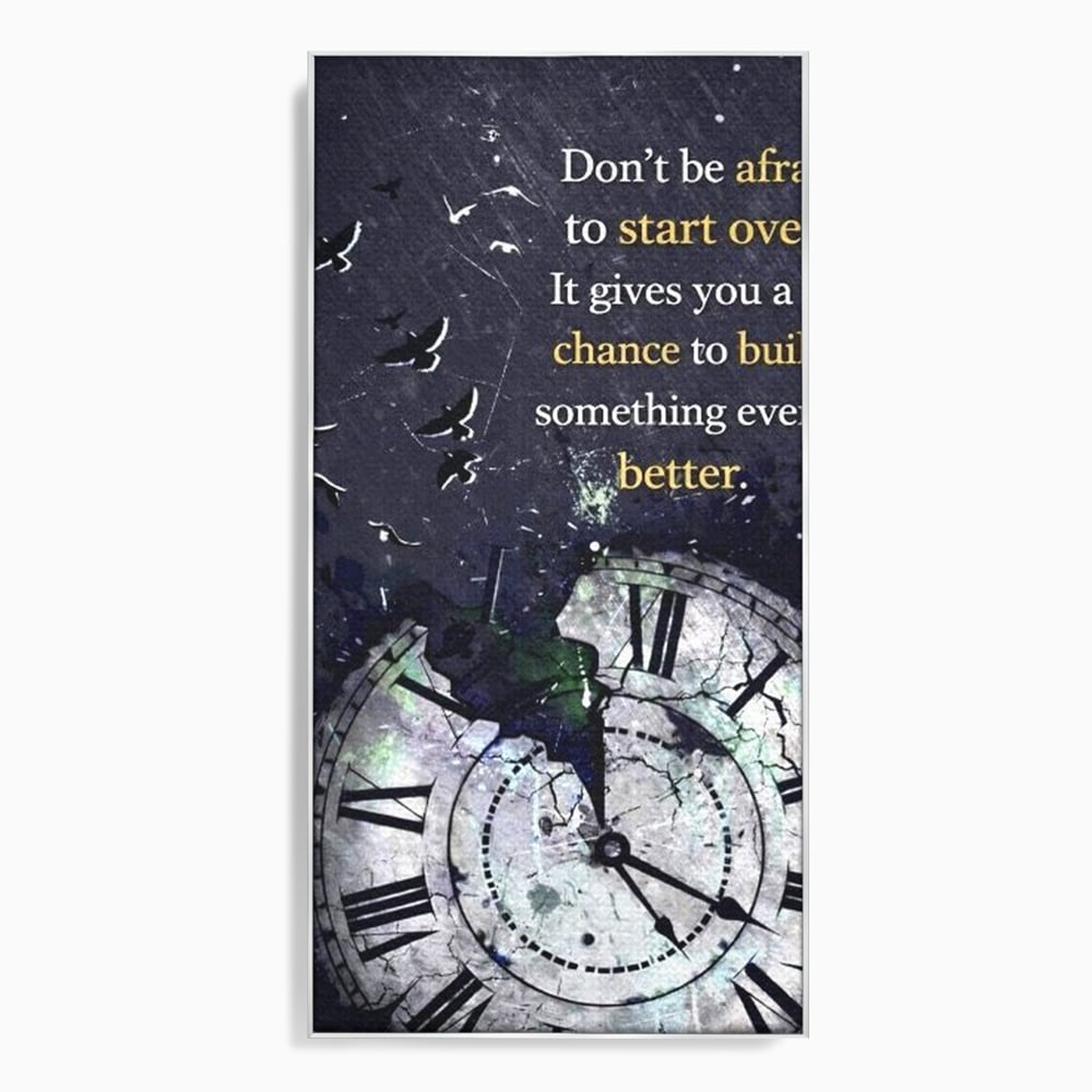 Tablou canvas cu tablou motivational cu ceas spart si pasarile zburatoare, in rama de aluminiu argintiu