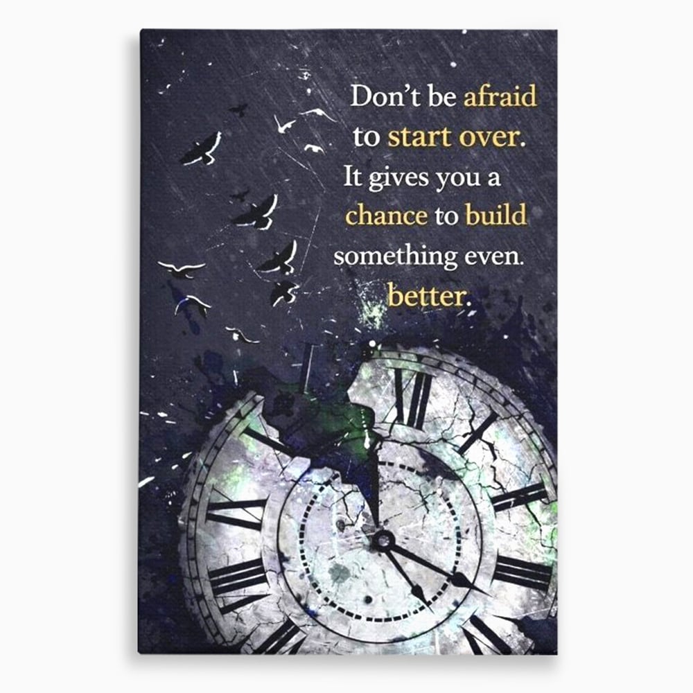Tablou canvas cu tablou motivational cu ceas spart si pasarile zburatoare, fara rama, pe sasiu de lemn