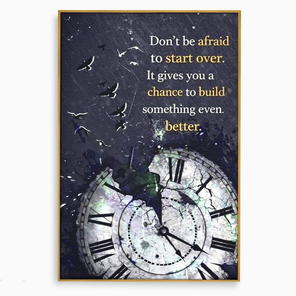 Tablou canvas cu tablou motivational cu ceas spart si pasarile zburatoare, in rama de aluminiu auriu