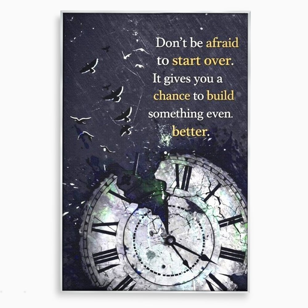 Tablou canvas cu tablou motivational cu ceas spart si pasarile zburatoare, in rama de aluminiu argintiu
