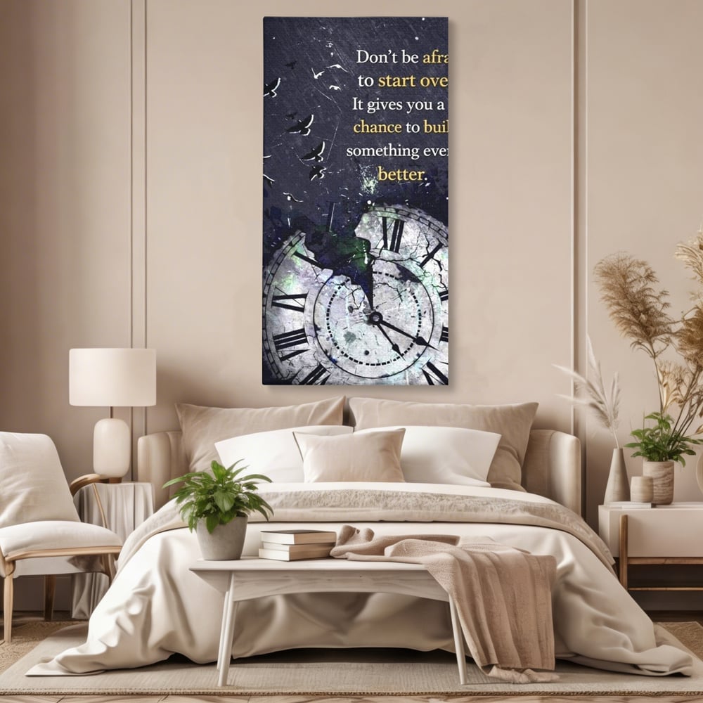 Tablou canvas cu tablou motivational cu ceas spart si pasarile zburatoare, fara rama, pe sasiu de lemn, pe perete intr-un dormitor