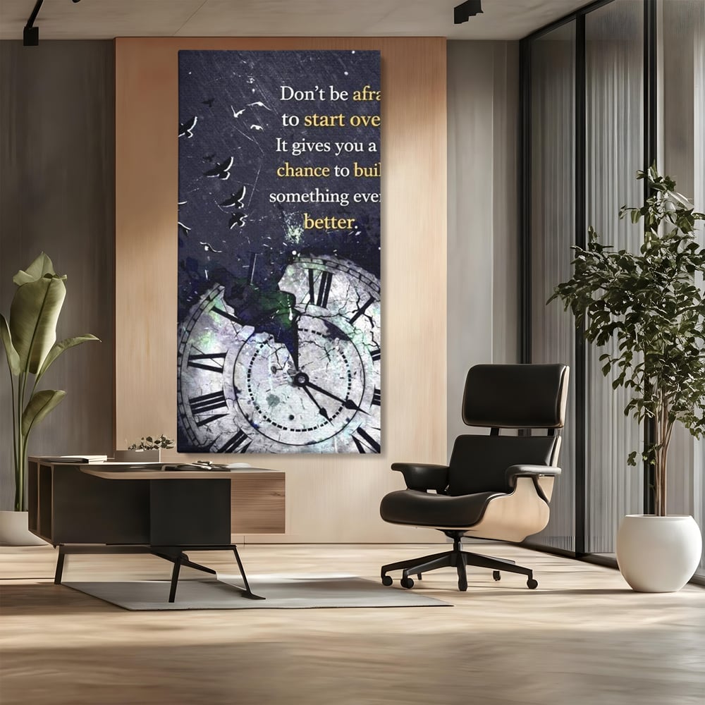 Tablou canvas cu tablou motivational cu ceas spart si pasarile zburatoare, fara rama, pe sasiu de lemn, pe perete intr-un birou
