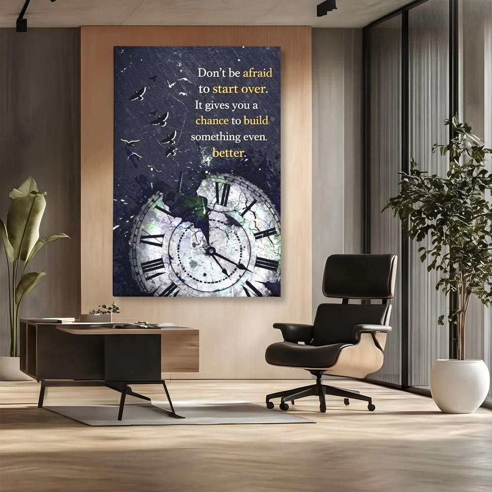 Tablou canvas cu tablou motivational cu ceas spart si pasarile zburatoare, fara rama, pe sasiu de lemn, pe perete intr-un birou