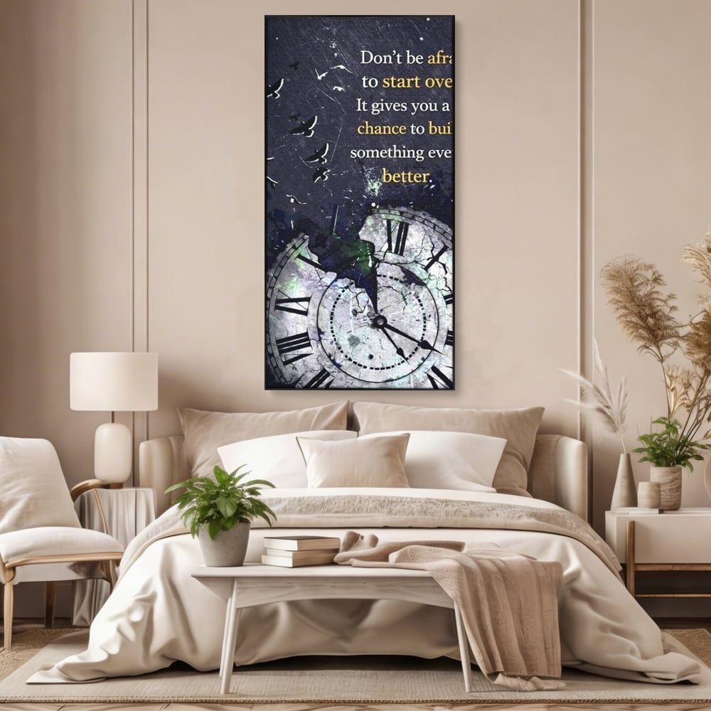 Tablou canvas cu tablou motivational cu ceas spart si pasarile zburatoare, in rama de aluminiu negru, pe perete intr-un dormitor