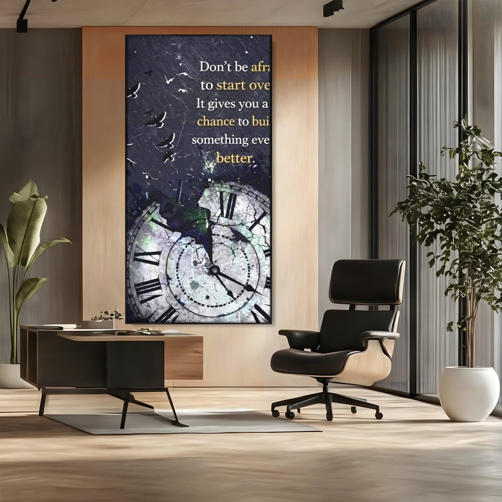 Tablou canvas cu tablou motivational cu ceas spart si pasarile zburatoare, in rama de aluminiu negru, pe perete intr-un birou