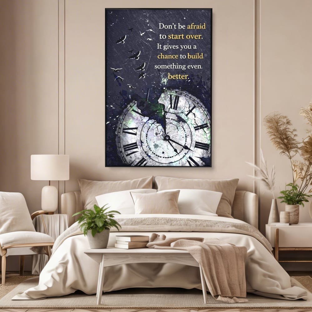 Tablou canvas cu tablou motivational cu ceas spart si pasarile zburatoare, in rama de aluminiu negru, pe perete intr-un dormitor