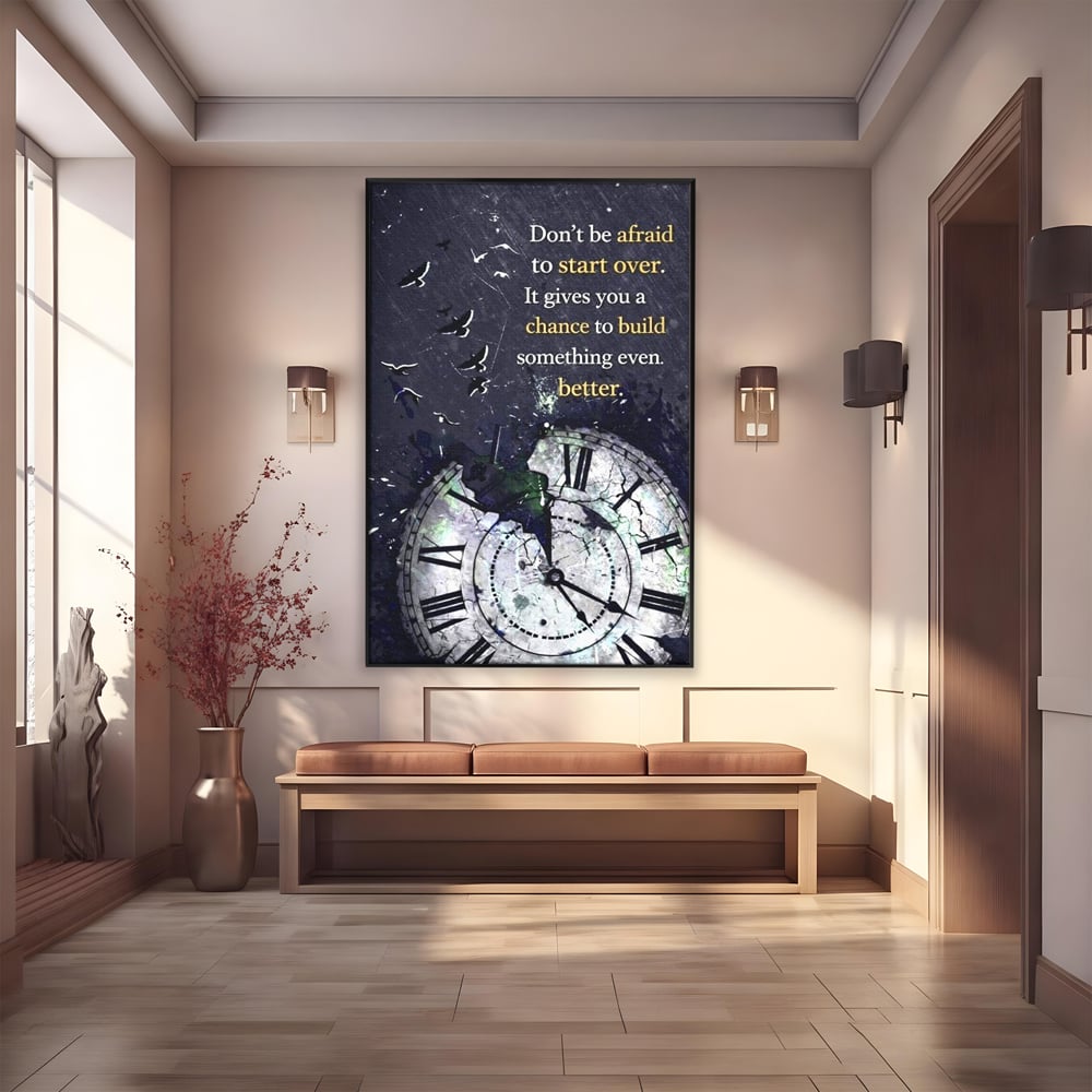 Tablou canvas cu tablou motivational cu ceas spart si pasarile zburatoare, in rama de aluminiu negru