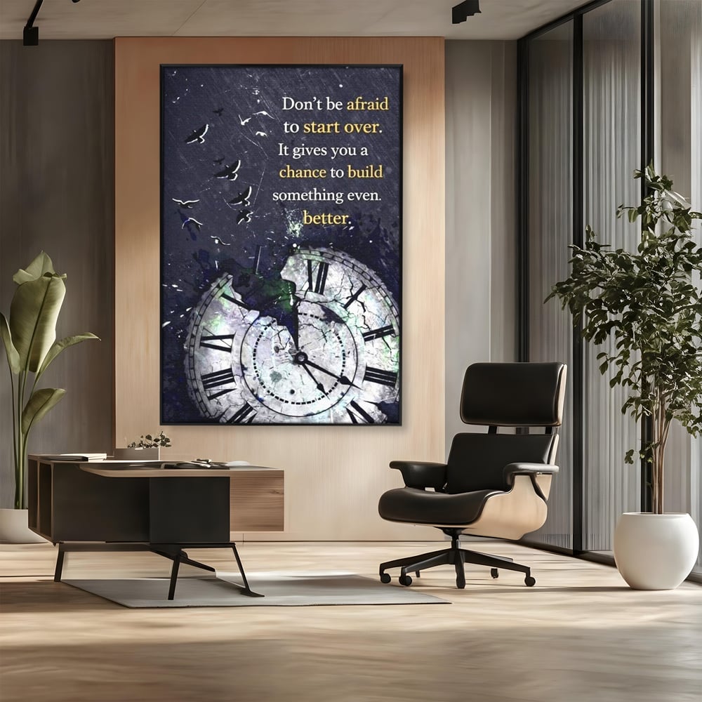 Tablou canvas cu tablou motivational cu ceas spart si pasarile zburatoare, in rama de aluminiu negru, pe perete intr-un birou