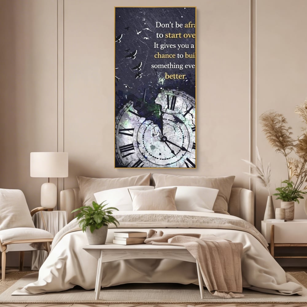 Tablou canvas cu tablou motivational cu ceas spart si pasarile zburatoare, in rama de aluminiu auriu, pe perete intr-un dormitor