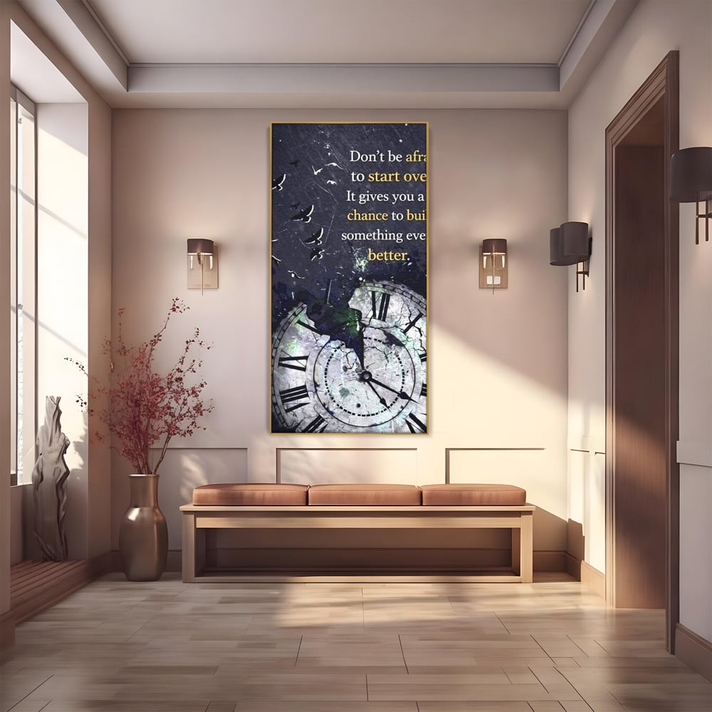 Tablou canvas cu tablou motivational cu ceas spart si pasarile zburatoare, in rama de aluminiu auriu