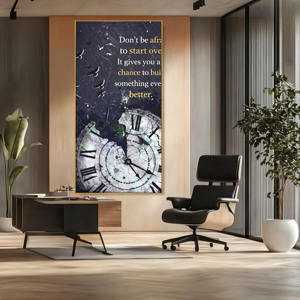 Tablou canvas cu tablou motivational cu ceas spart si pasarile zburatoare, in rama de aluminiu auriu, pe perete intr-un birou