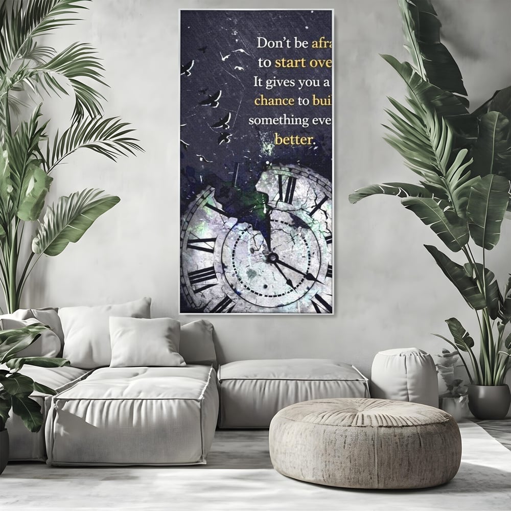 Tablou canvas cu tablou motivational cu ceas spart si pasarile zburatoare, in rama de aluminiu argintiu, pe perete intr-un living