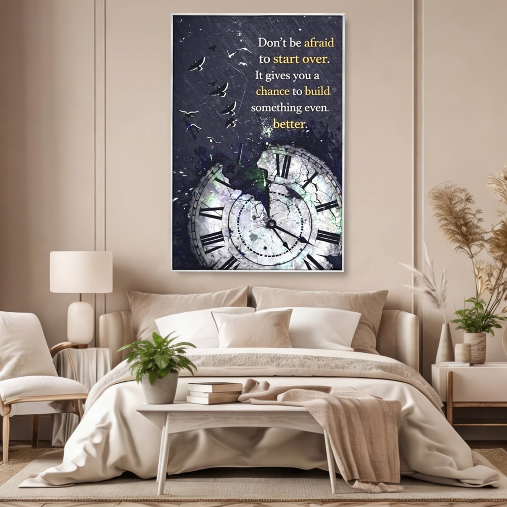 Tablou canvas cu tablou motivational cu ceas spart si pasarile zburatoare, in rama de aluminiu argintiu, pe perete intr-un dormitor