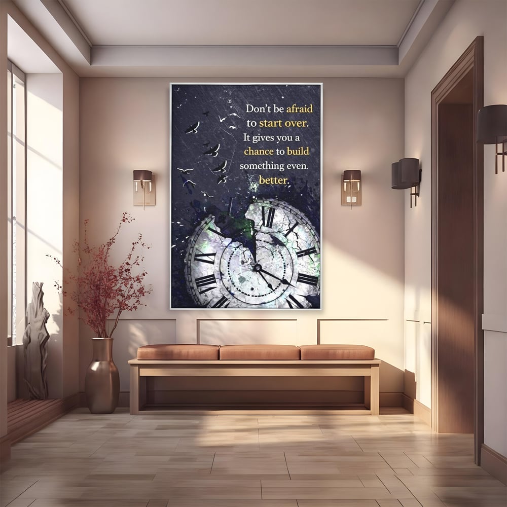 Tablou canvas cu tablou motivational cu ceas spart si pasarile zburatoare, in rama de aluminiu argintiu