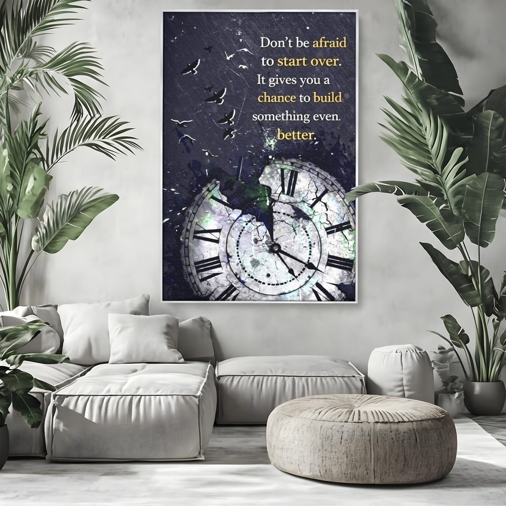 Tablou canvas cu tablou motivational cu ceas spart si pasarile zburatoare, in rama de aluminiu argintiu, pe perete intr-un living