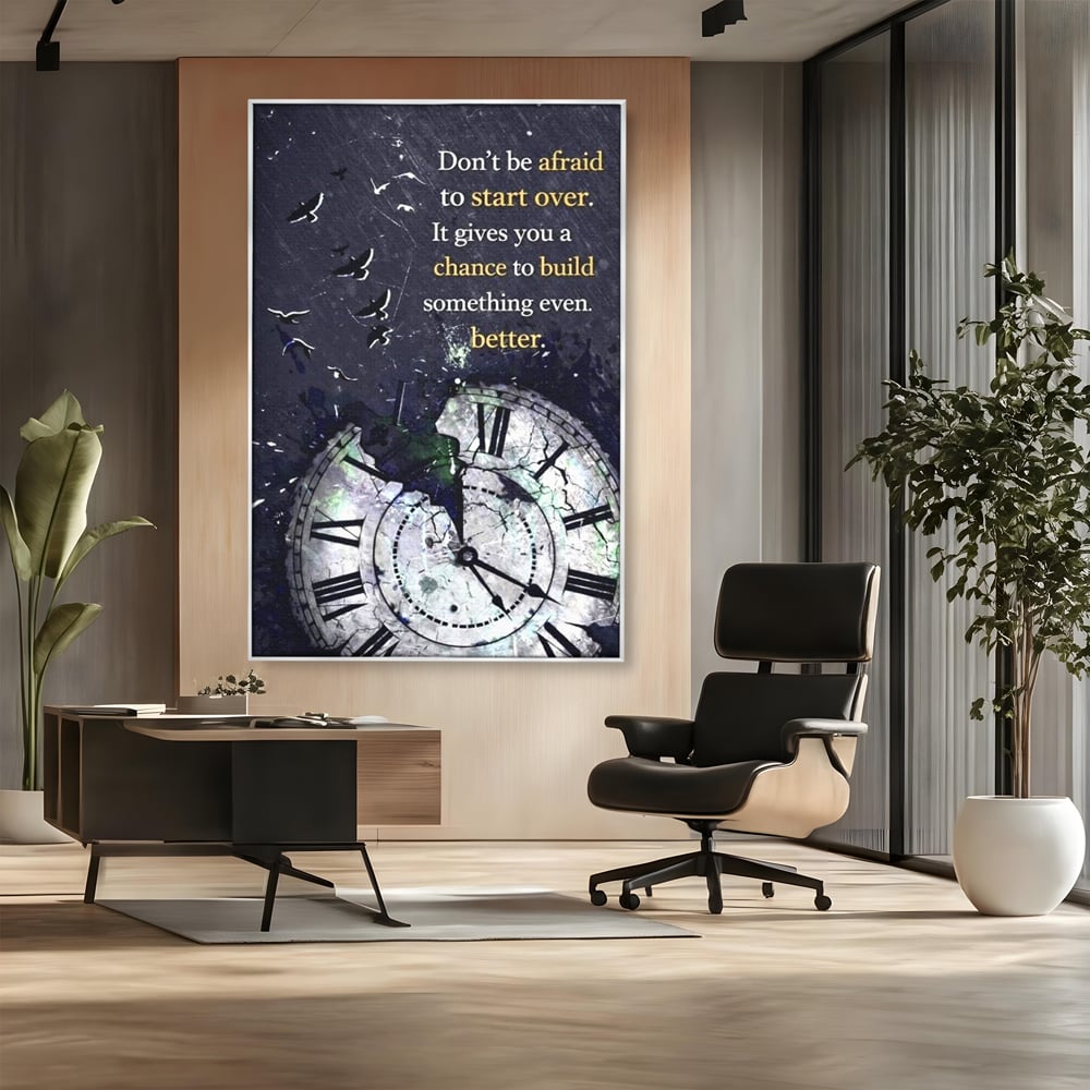 Tablou canvas cu tablou motivational cu ceas spart si pasarile zburatoare, in rama de aluminiu argintiu, pe perete intr-un birou