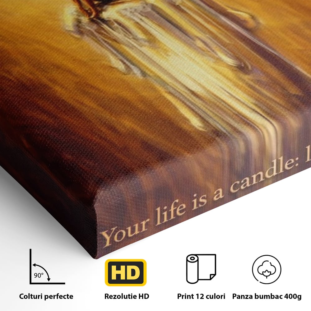 Detaliu al suprafetei: tablou canvas cu lumanare si mesaj motivational, fara rama, pe sasiu de lemn