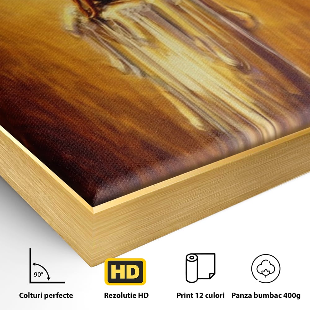 Detaliu al suprafetei: tablou canvas cu lumanare si mesaj motivational, in rama de aluminiu auriu