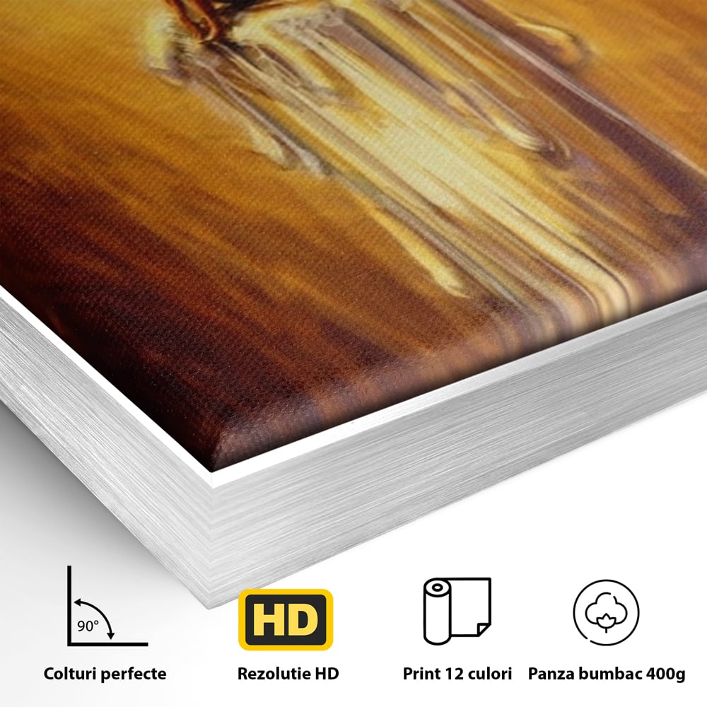 Detaliu al suprafetei: tablou canvas cu lumanare si mesaj motivational, in rama de aluminiu argintiu