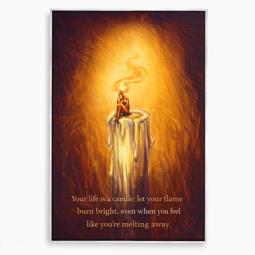 Tablou canvas cu tablou canvas cu lumanare si mesaj motivational, in rama de aluminiu argintiu