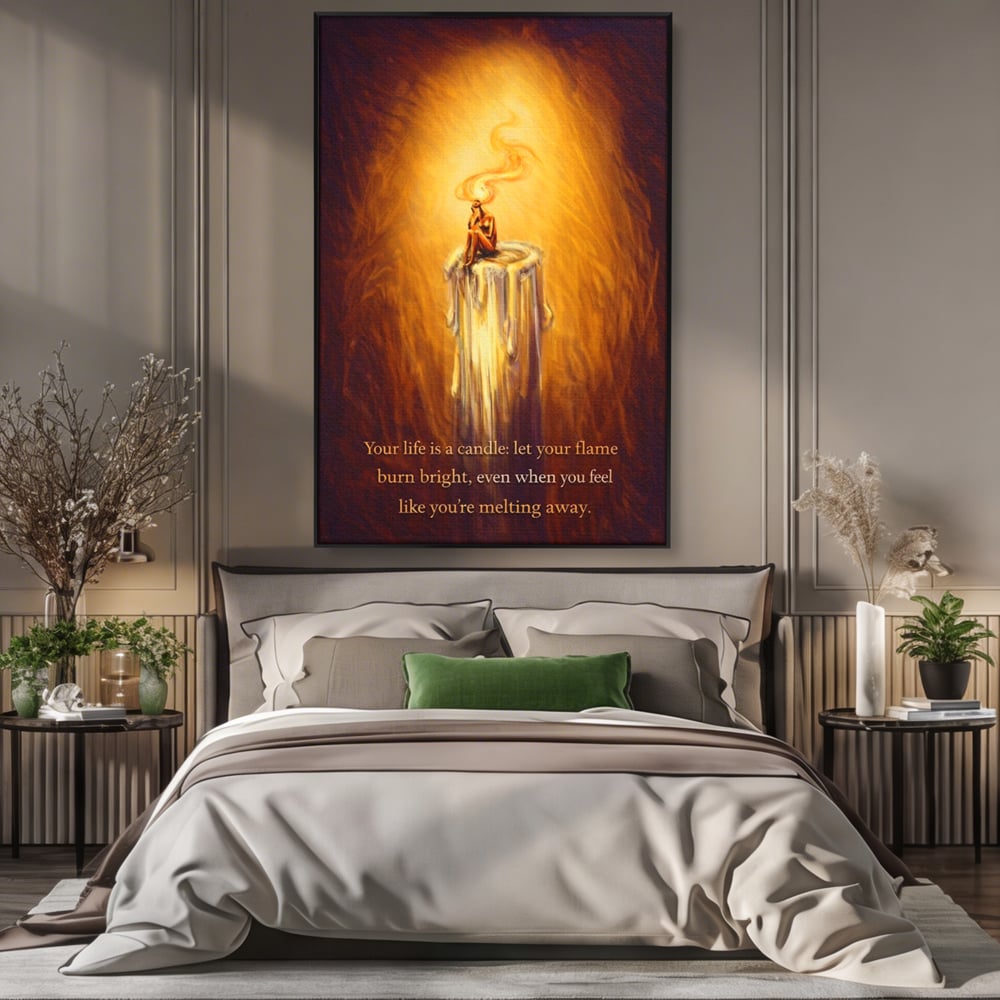 Tablou canvas cu tablou canvas cu lumanare si mesaj motivational, in rama de aluminiu negru, pe perete intr-un dormitor