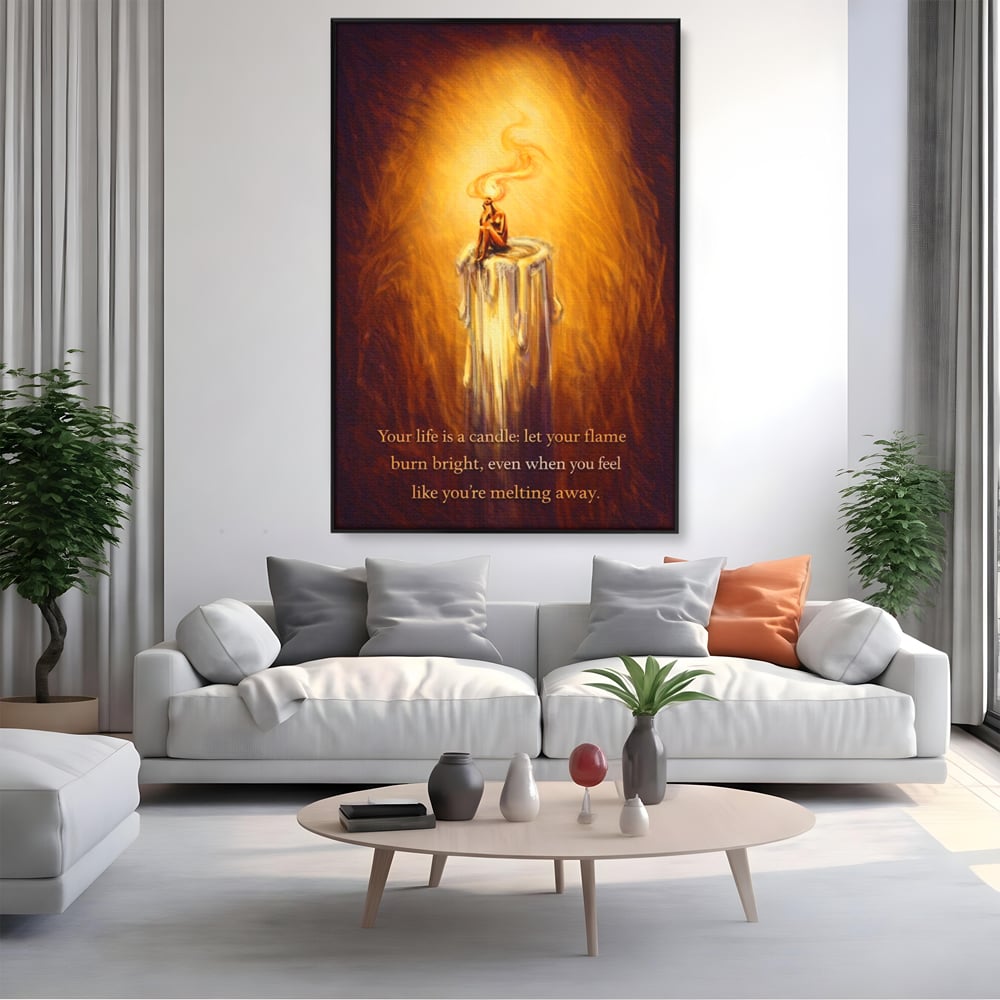 Tablou canvas cu tablou canvas cu lumanare si mesaj motivational, in rama de aluminiu negru, pe perete intr-un living
