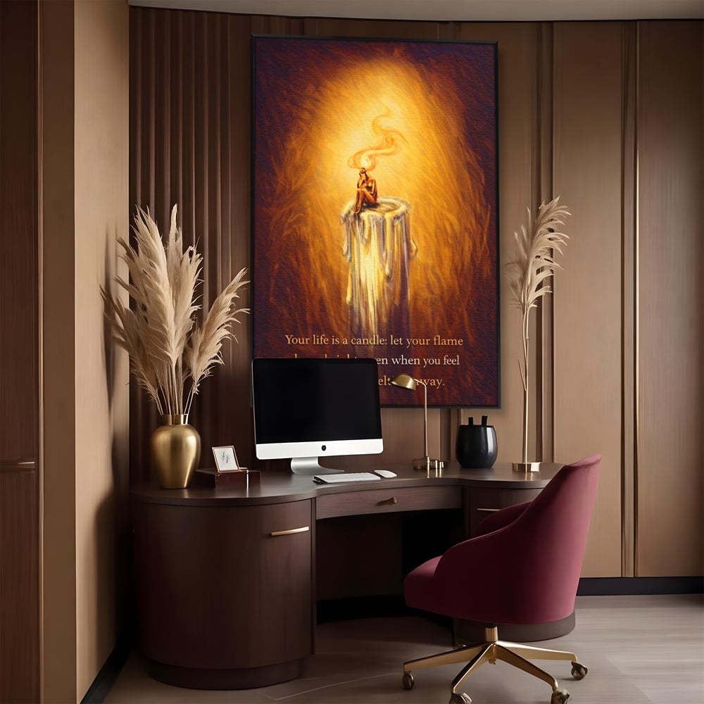 Tablou canvas cu tablou canvas cu lumanare si mesaj motivational, in rama de aluminiu negru, pe perete intr-un birou
