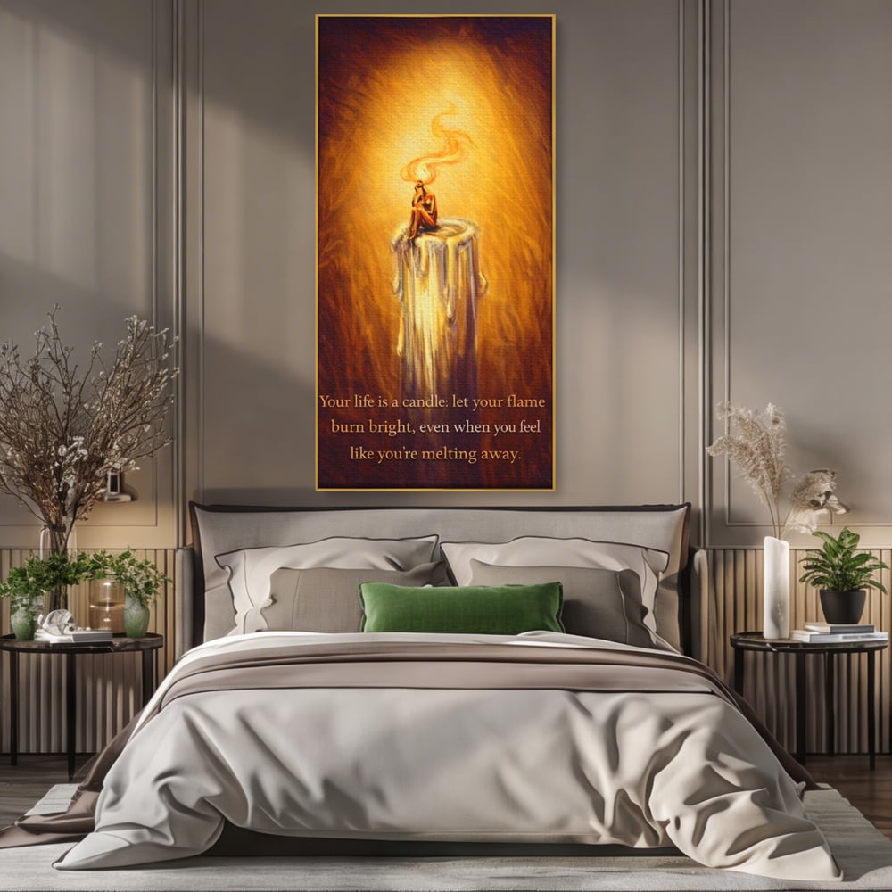 Tablou canvas cu tablou canvas cu lumanare si mesaj motivational, in rama de aluminiu auriu, pe perete intr-un dormitor