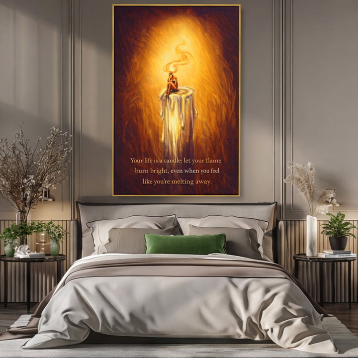 Tablou canvas cu tablou canvas cu lumanare si mesaj motivational, in rama de aluminiu auriu, pe perete intr-un dormitor