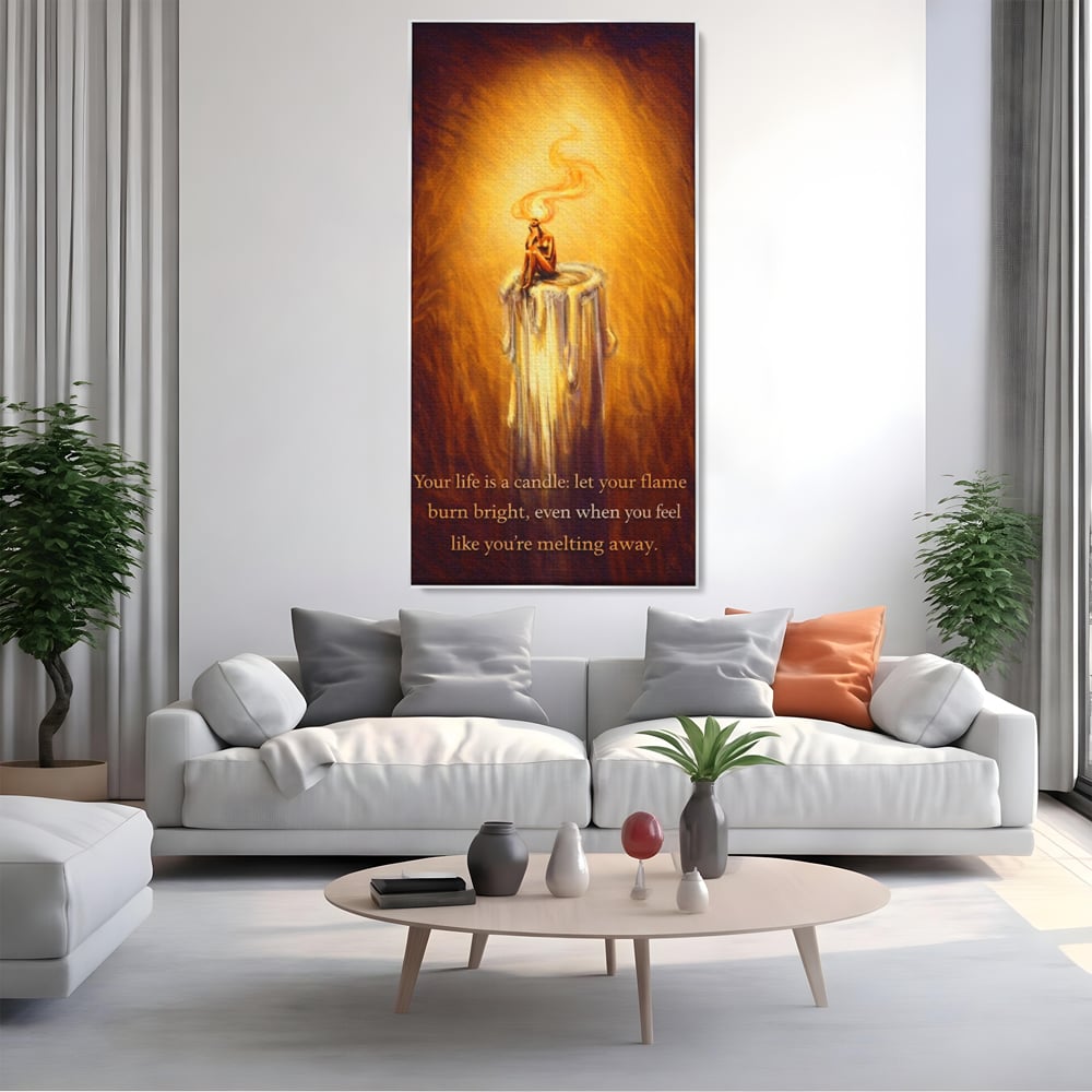 Tablou canvas cu tablou canvas cu lumanare si mesaj motivational, in rama de aluminiu argintiu, pe perete intr-un living