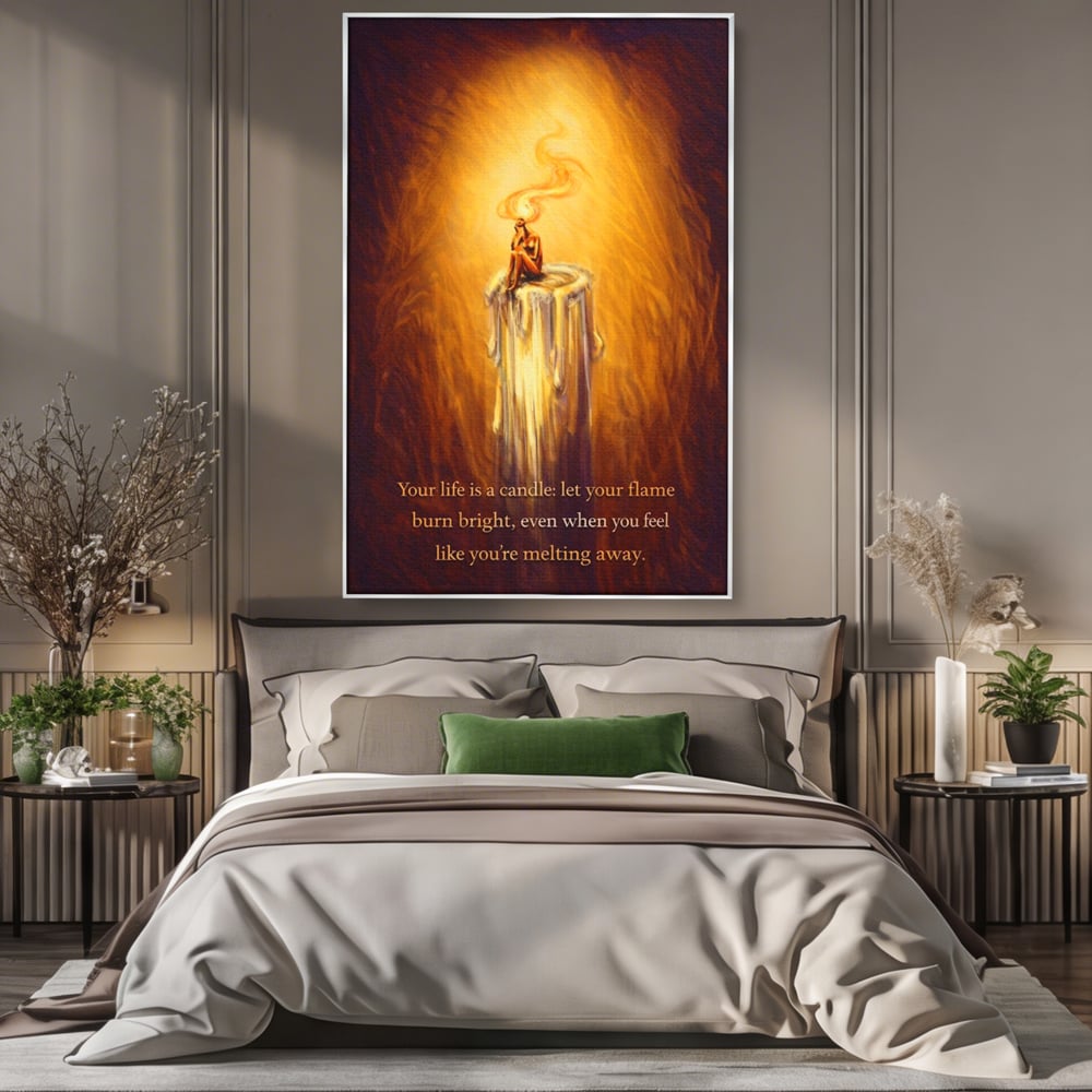Tablou canvas cu tablou canvas cu lumanare si mesaj motivational, in rama de aluminiu argintiu, pe perete intr-un dormitor