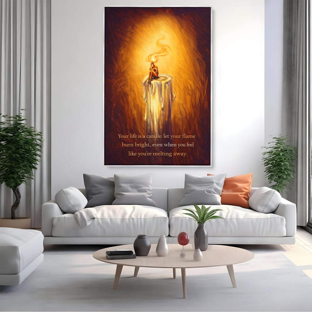 Tablou canvas cu tablou canvas cu lumanare si mesaj motivational, in rama de aluminiu argintiu, pe perete intr-un living