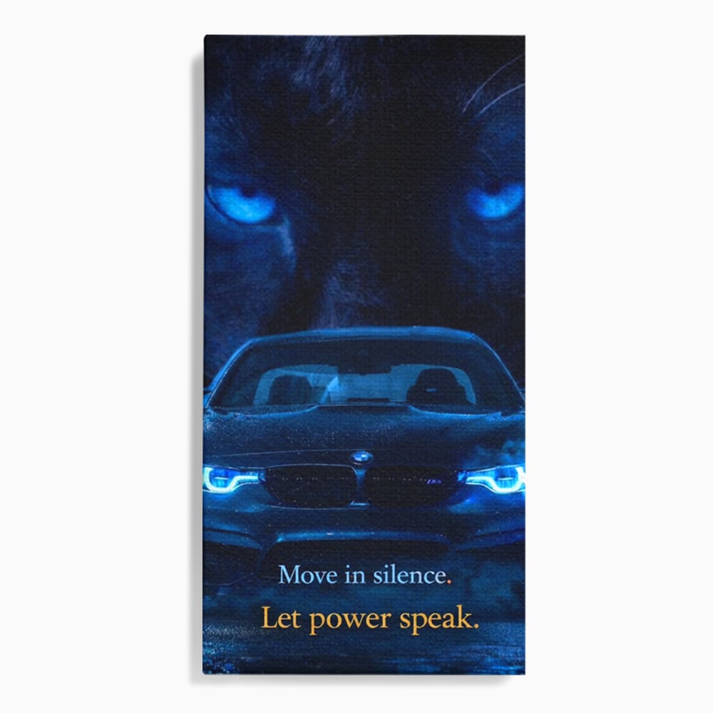 Tablou canvas cu tablou canvas cu pantera si masina bmw, fara rama, pe sasiu de lemn