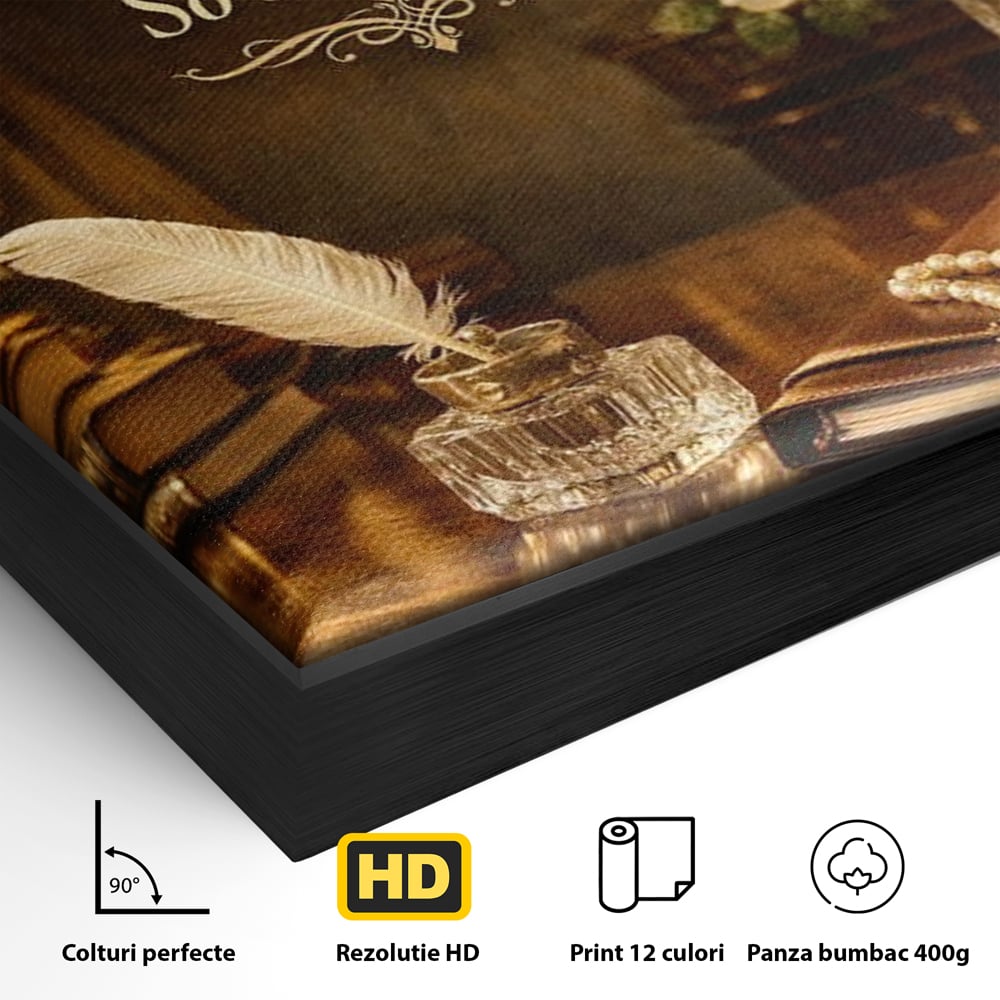 Detaliu al suprafetei: tablou canvas motivational birou vintage, in rama de aluminiu negru