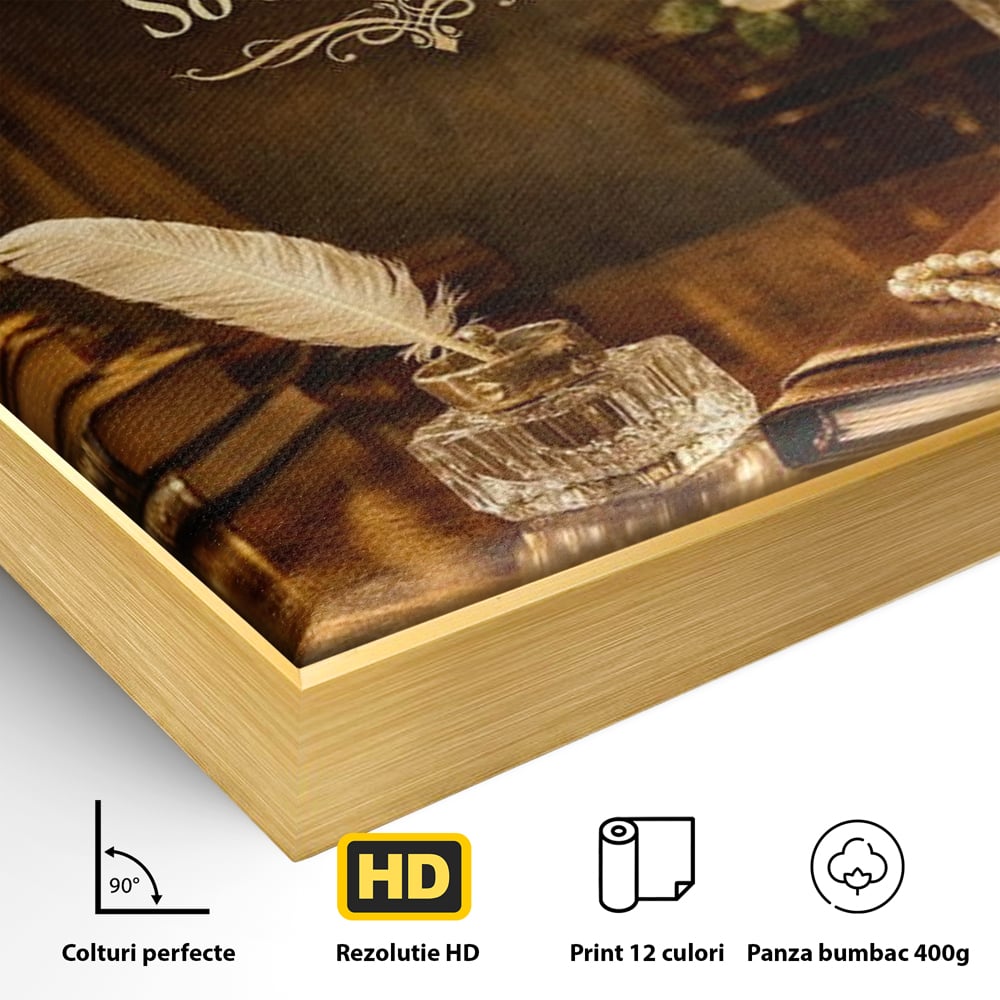 Detaliu al suprafetei: tablou canvas motivational birou vintage, in rama de aluminiu auriu