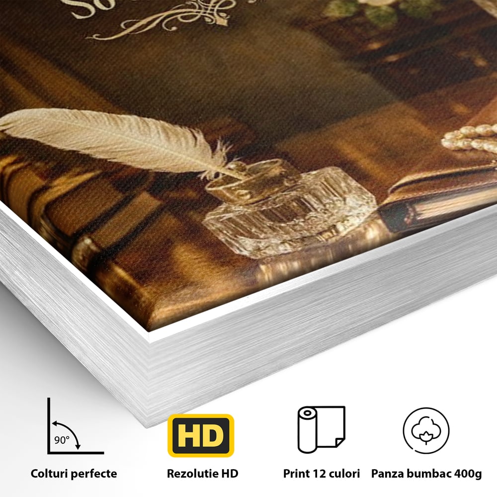 Detaliu al suprafetei: tablou canvas motivational birou vintage, in rama de aluminiu argintiu