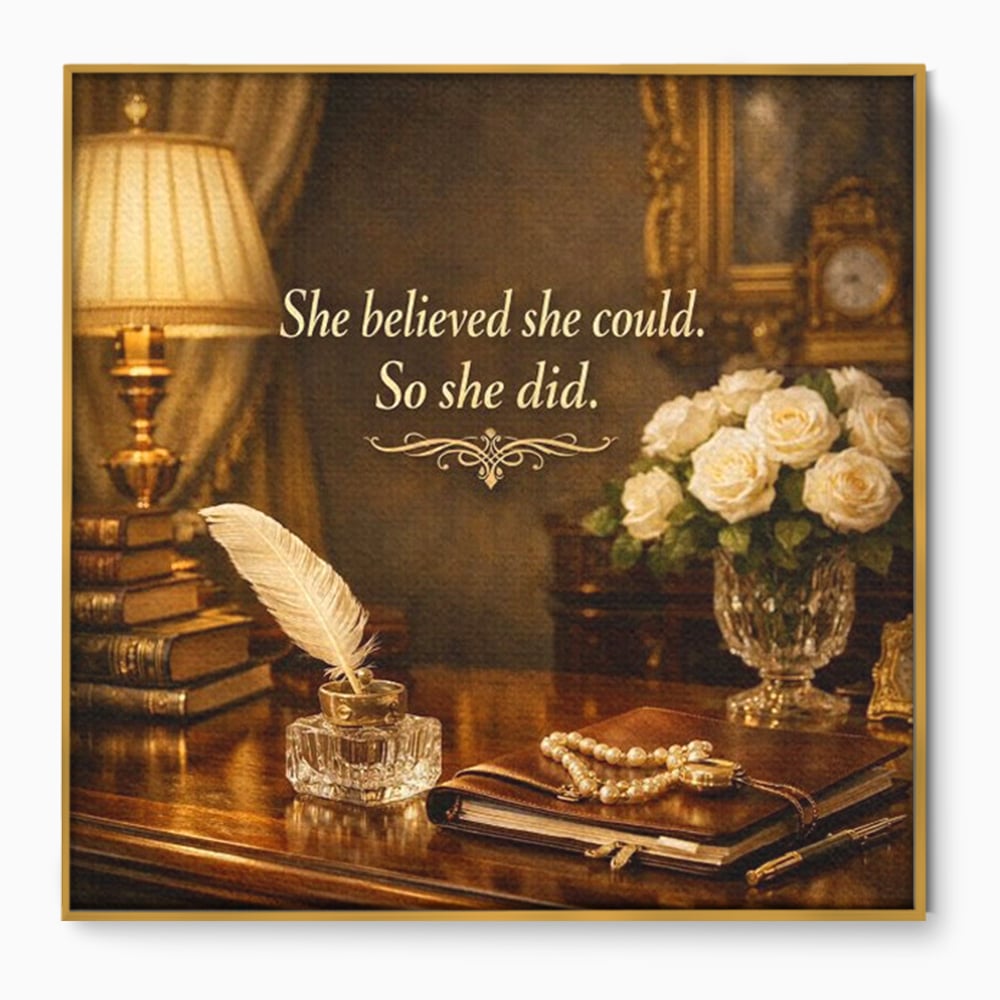Tablou canvas cu tablou canvas motivational birou vintage, in rama de aluminiu auriu