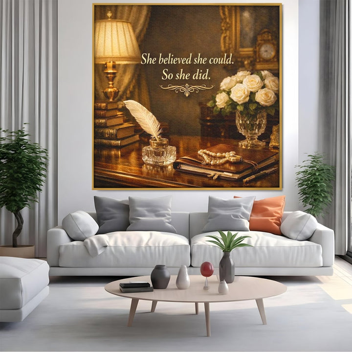 Tablou canvas cu tablou canvas motivational birou vintage, in rama de aluminiu auriu, pe perete intr-un living