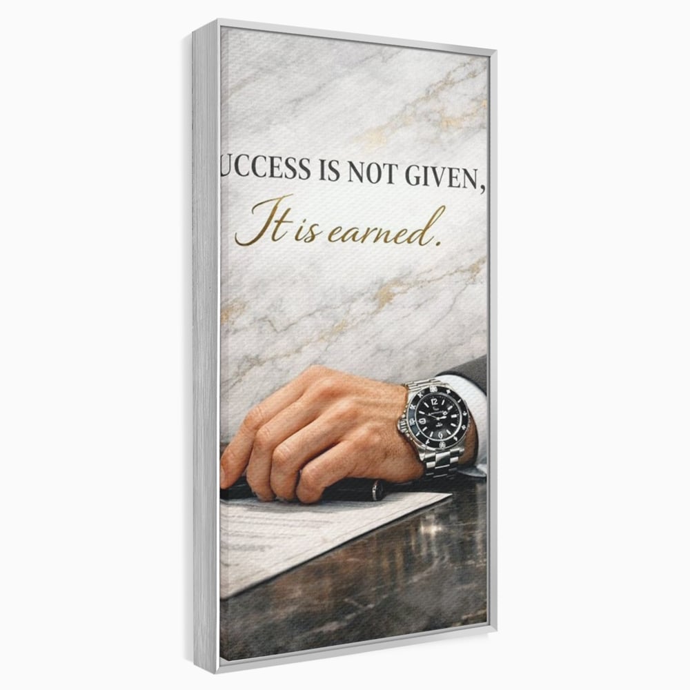 Tablou canvas cu tablou canvas cu citat motivational si mana cu ceas, in rama de aluminiu argintiu