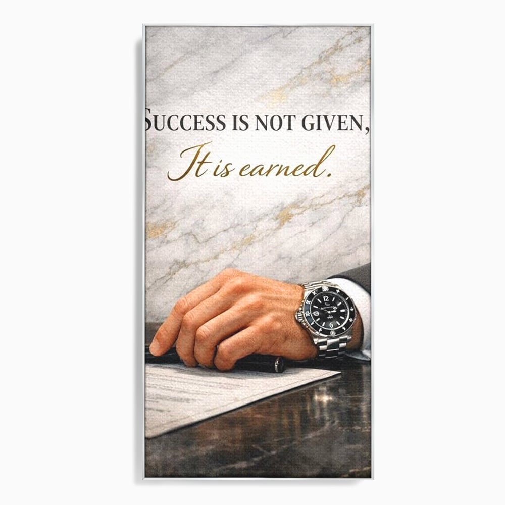 Tablou canvas cu tablou canvas cu citat motivational si mana cu ceas, in rama de aluminiu argintiu