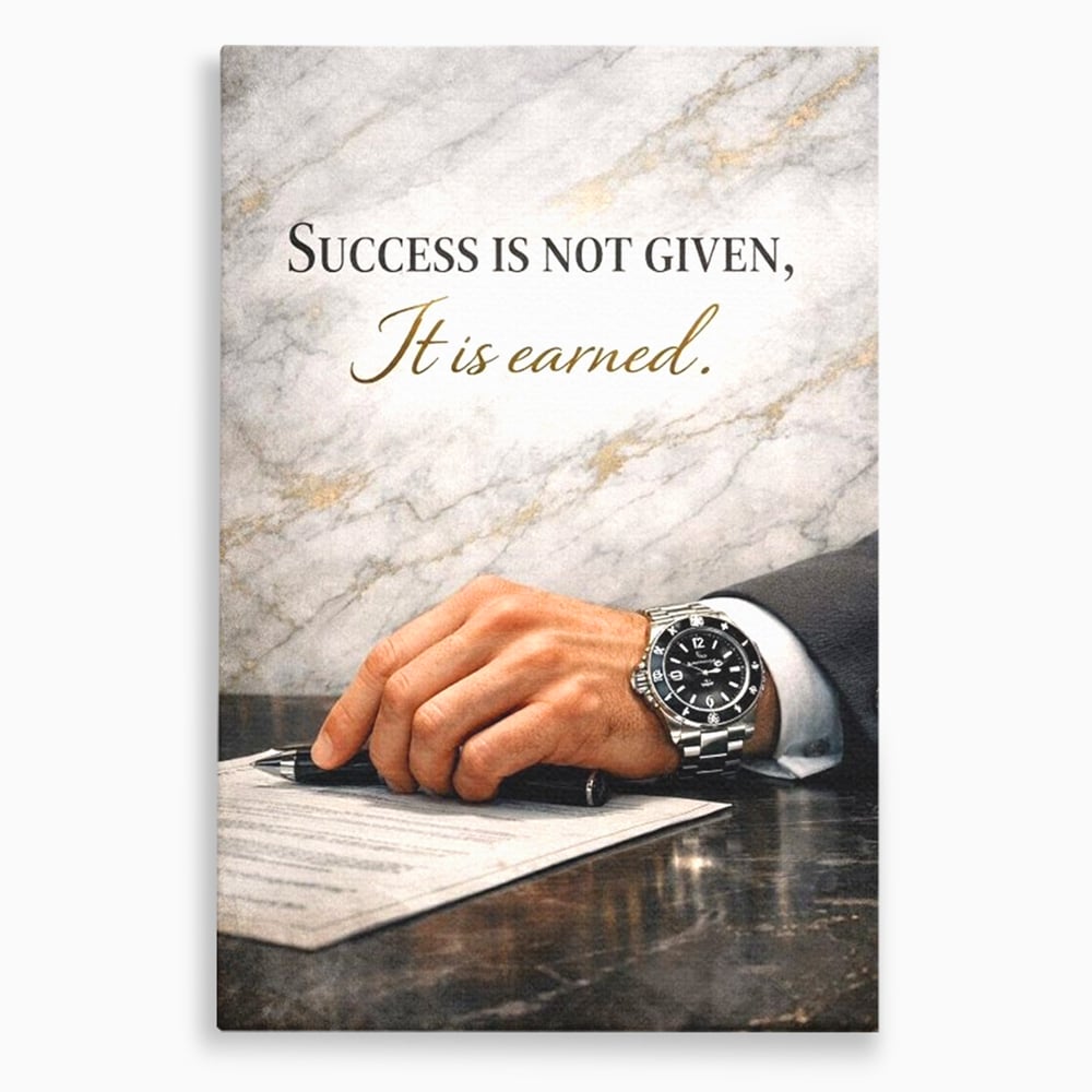 Tablou canvas cu tablou canvas cu citat motivational si mana cu ceas, fara rama, pe sasiu de lemn
