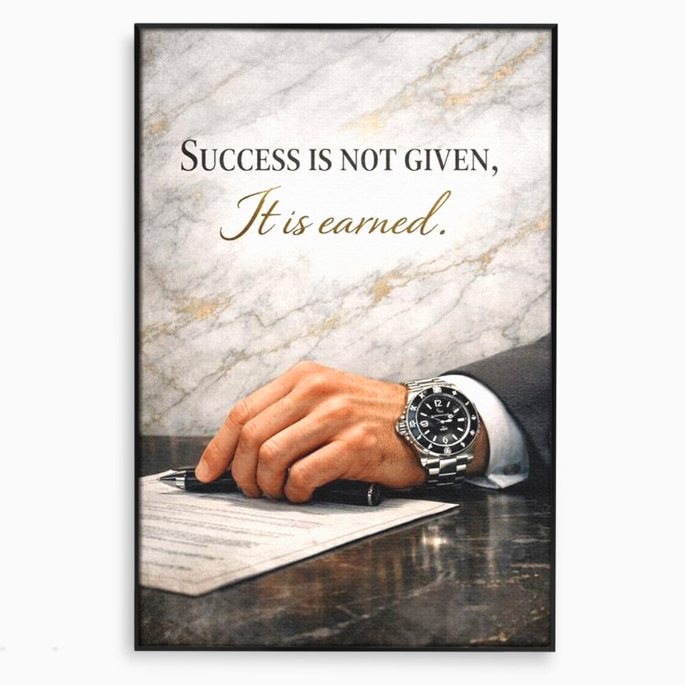 Tablou canvas cu tablou canvas cu citat motivational si mana cu ceas, in rama de aluminiu negru