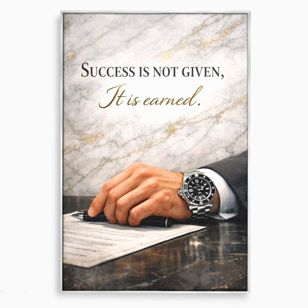 Tablou canvas cu tablou canvas cu citat motivational si mana cu ceas, in rama de aluminiu argintiu