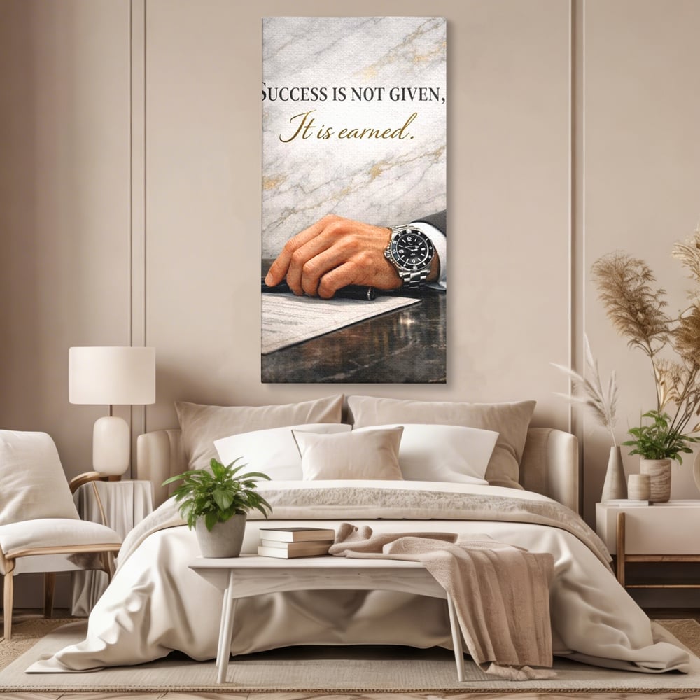 Tablou canvas cu tablou canvas cu citat motivational si mana cu ceas, fara rama, pe sasiu de lemn, pe perete intr-un dormitor
